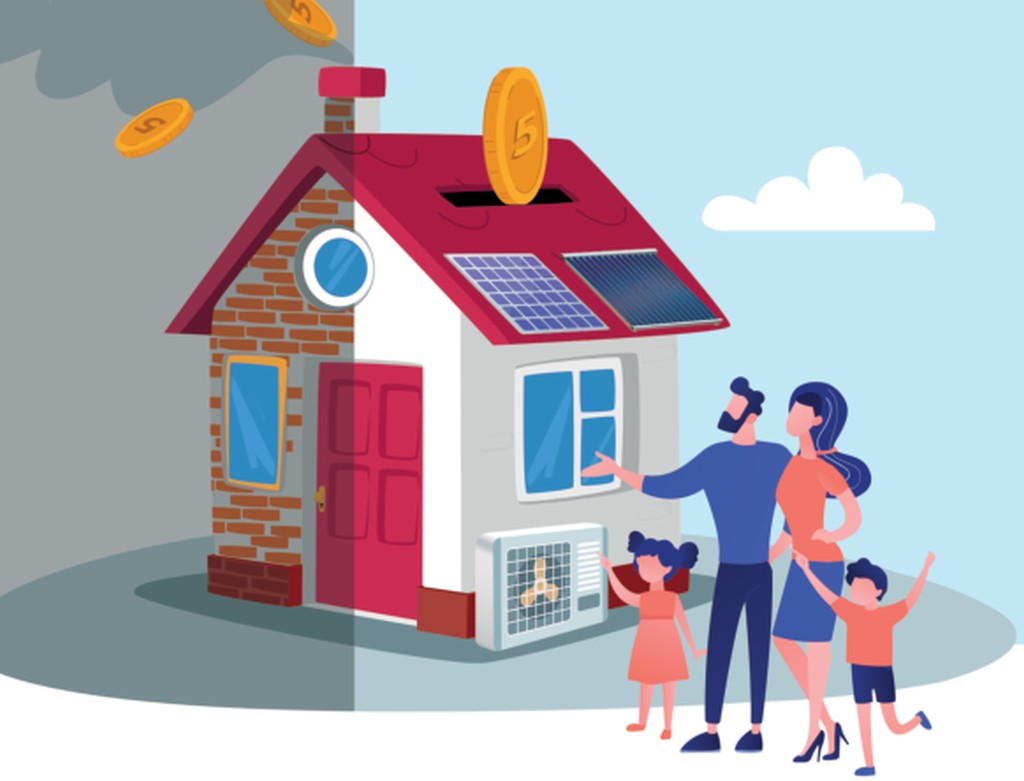 Ilustracja przedstawia rodzinę stojącą przed domem z panelami słonecznymi na dachu. Połowa domu jest zacieniona. Nad domem unoszą się złote monety, symbolizujące oszczędności z energii słonecznej.