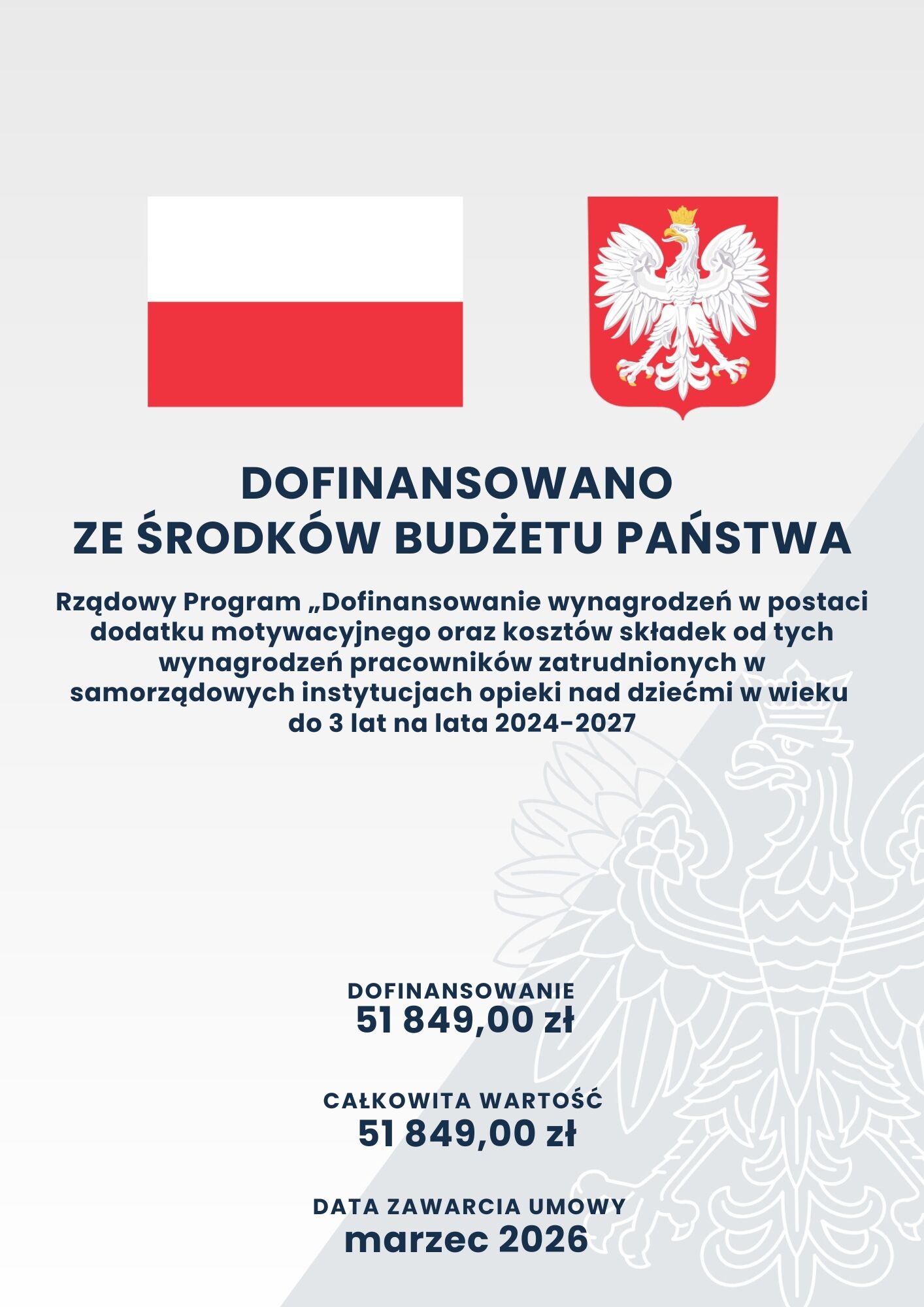 Plakat informacyjny z flagą Polski i godłem, przedstawiający dofinansowanie rządowe na wynagrodzenia pracownik&oacute;w instytucji opieki nad dziećmi na lata 2024-2027. Kwota dofinansowania: 51 849,00 zł. Data: marzec 2026.