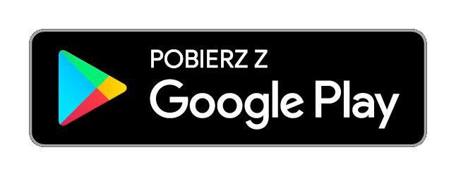 Czarny prostokątny przycisk z logo Google Play w kształcie kolorowego trójkąta. Obok napis