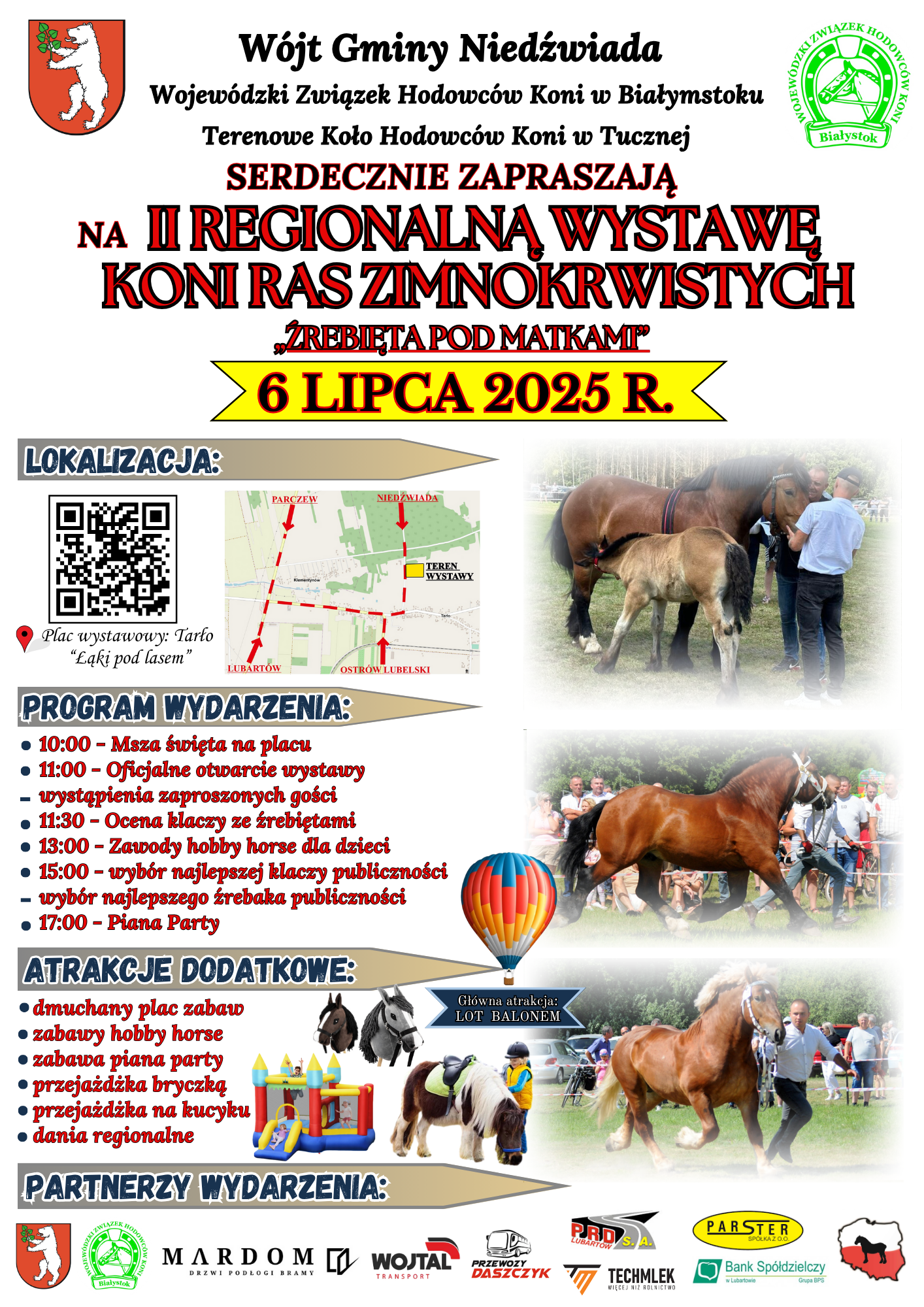 Plakat informujący o II Regionalnej Wystawie Koni Ras Zimnokrwistych w Żrebietach pod Małkiniem, 6 lipca 2025 r. Zawiera program wydarzenia, zdjęcia koni, atrakcje, loga sponsorów i informację o lokalizacji.