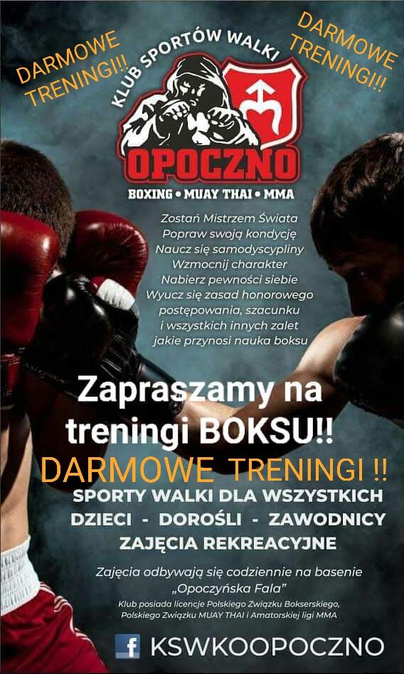 KSW KO Opoczno zaprasza serdecznie na darmowe treningi boksu. Zajęcia odbywają się codziennie na salce przy Krytej Pływalni 