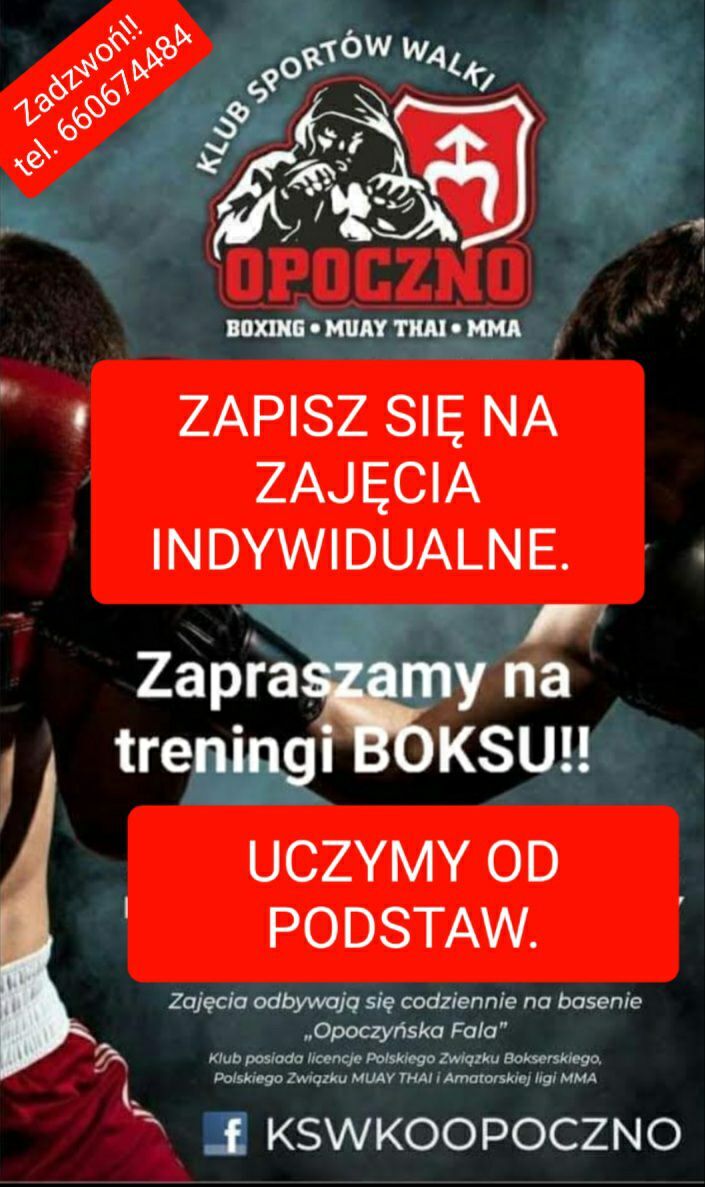 Klub Sportów Walki KO Opoczno zaprasza na zajęcia indywidualne, jak i treningi boksu od podstaw. Zajęcia odbywają się codziennie w budynku Krytej Pływalni Opoczyńska Fala, ul. Biernackiego 4A. Klub posiada licencje Polskiego Związku Bokserskiego, Polskiego Związku MUAY THAI i Amatorskiej ligi MMA.