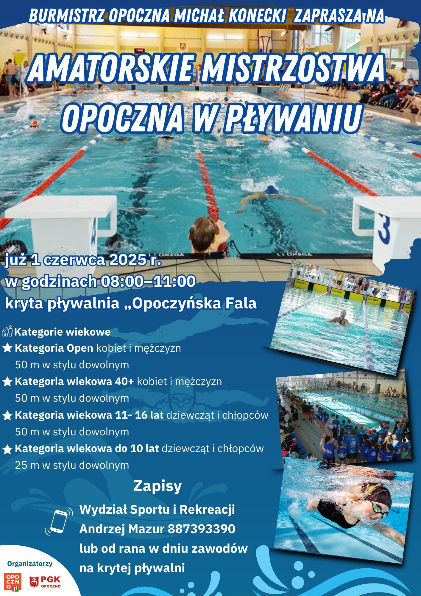 Spędź z nami Dni Opoczna na sportowo. Już 1 czerwca zapraszamy na wyjątkowe wydarzenie, Amatorskie Mistrzostwa Opoczna w Pływaniu, które odbędą się na Krytej Pływalni Opoczyńska Fala w godzinach 8:00–11:00.To doskonała okazja, by aktywnie uczcić Dni Opoczna i poczuć sportowe emocje, niezależnie od wieku.