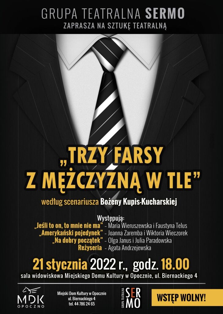plakat spektaklu „TRZY FARSY Z MĘŻCZYZNĄ W TLE” 21 stycznia (piątek) o godz. 18.00
