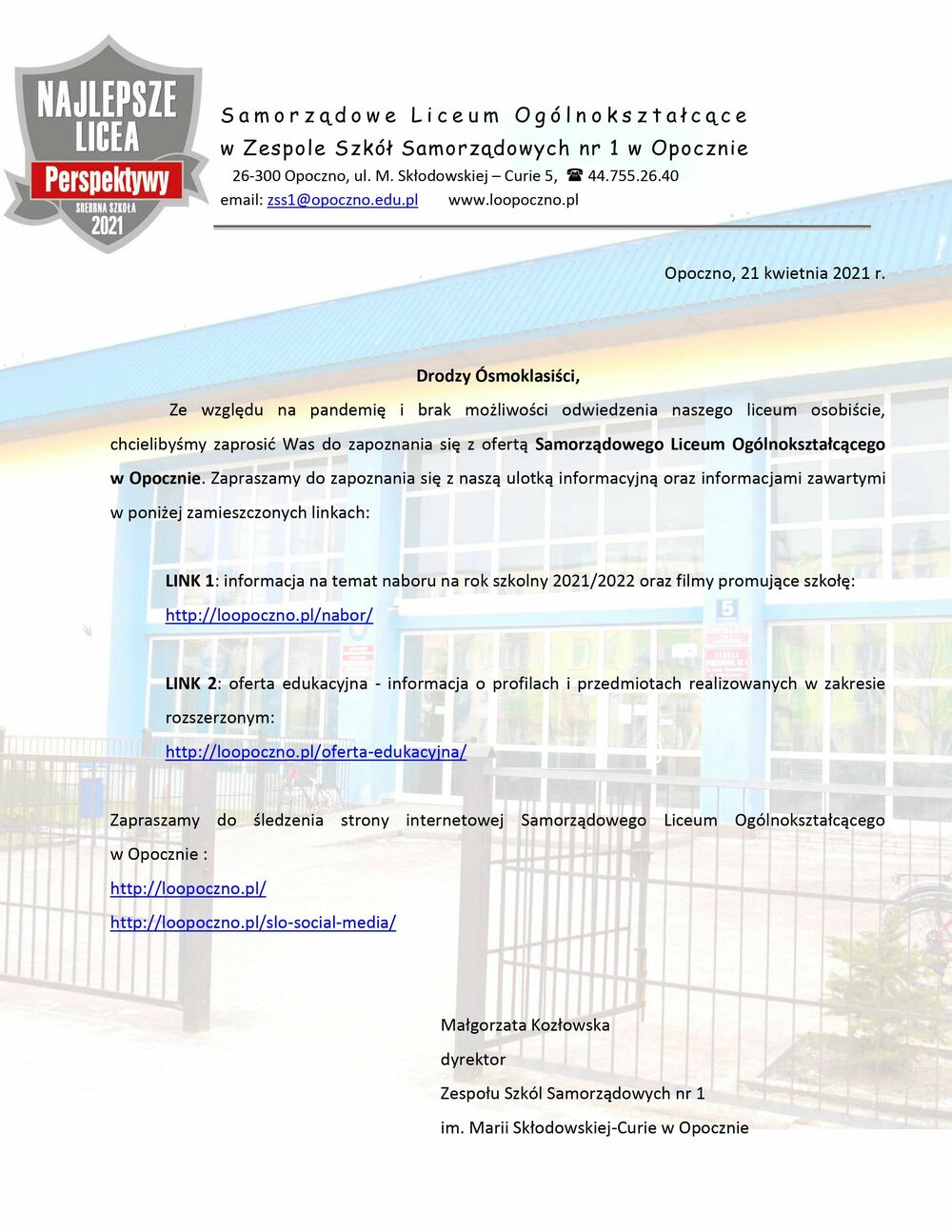 Oferta edukacyjna Samorządowego Liceum Ogólnokształcącego w Opocznie na rok szkolny 2021/2022