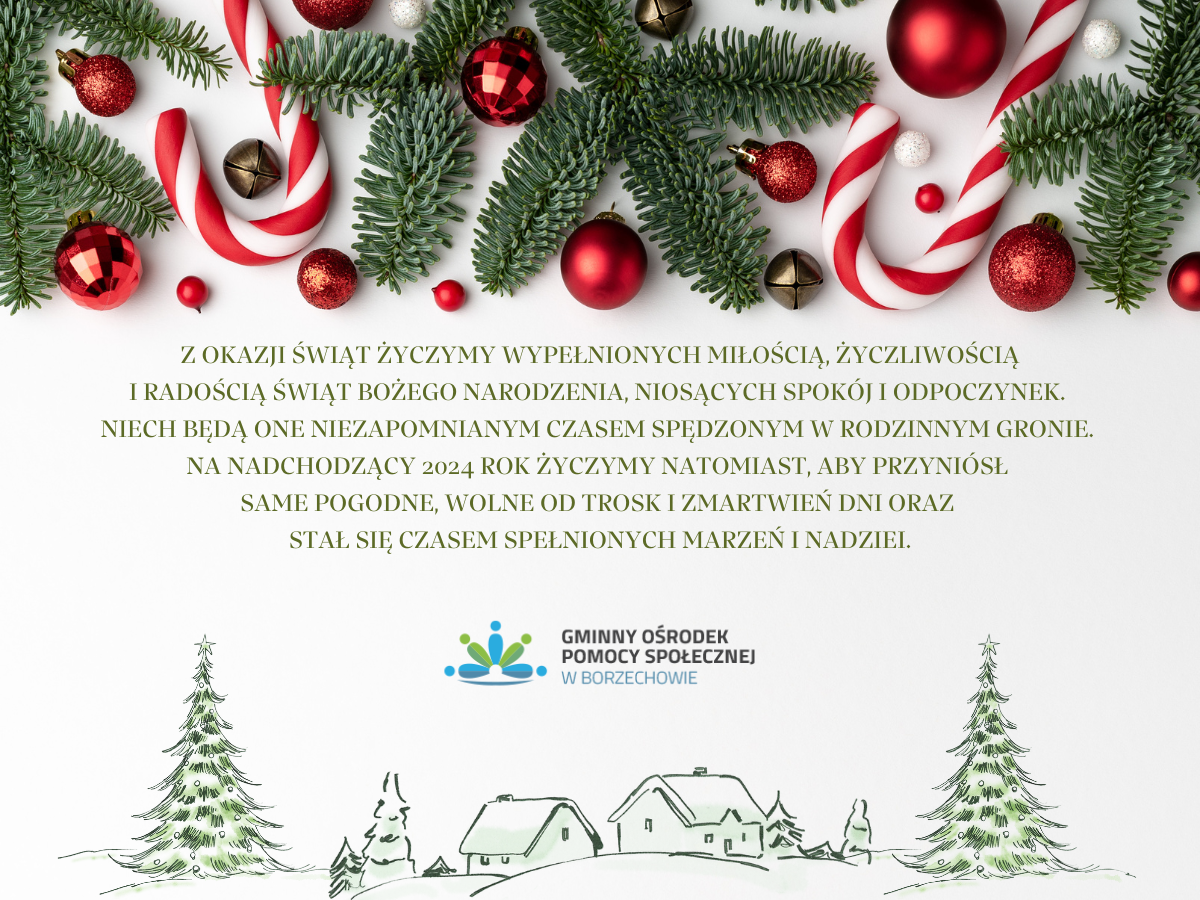 Zdjęcie przedstawia bożonarodzeniową kartkę świąteczną z ozdobnymi elementami, takimi jak gałązki choinki, czerwone bombki i wstążki, oraz świątecznym życzeniem w języku polskim.