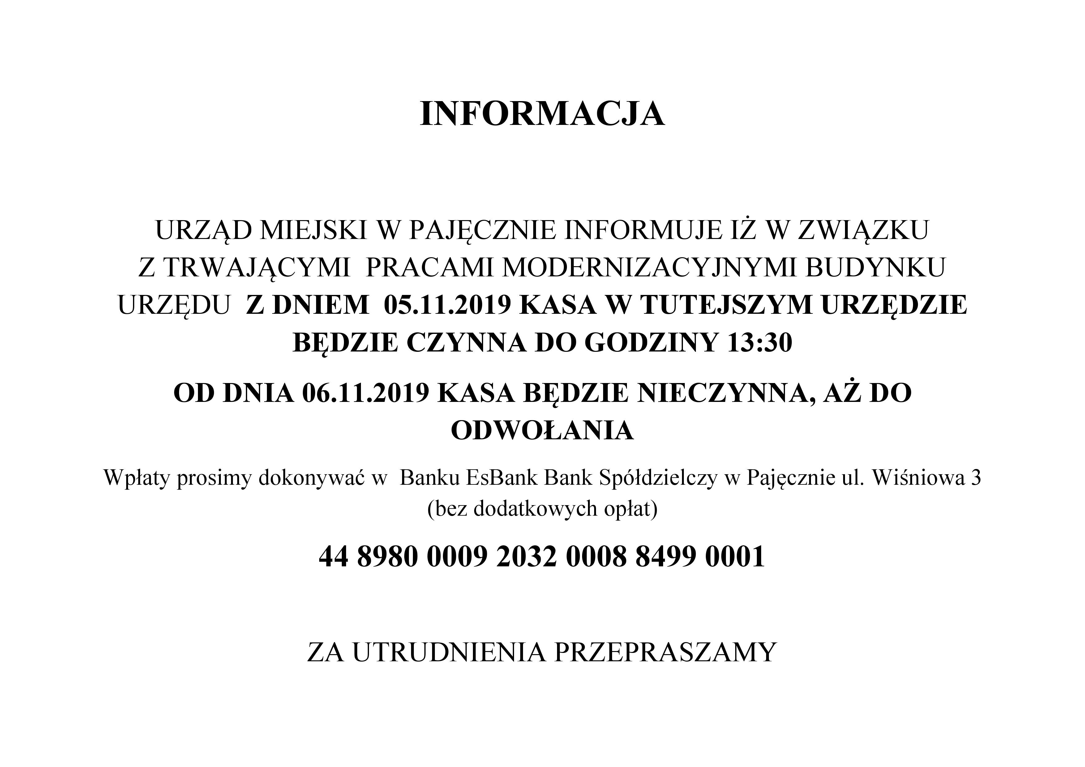 Kasa w Urzędzie Miejskim w Pajęcznie NIECZYNNA od 6.11.2019 r.