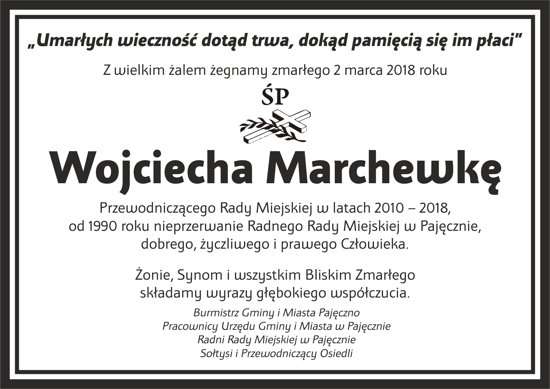 Żegnamy Wojciecha Marchewkę – Przewodniczącego Rady Miejskiej w Pajęcznie