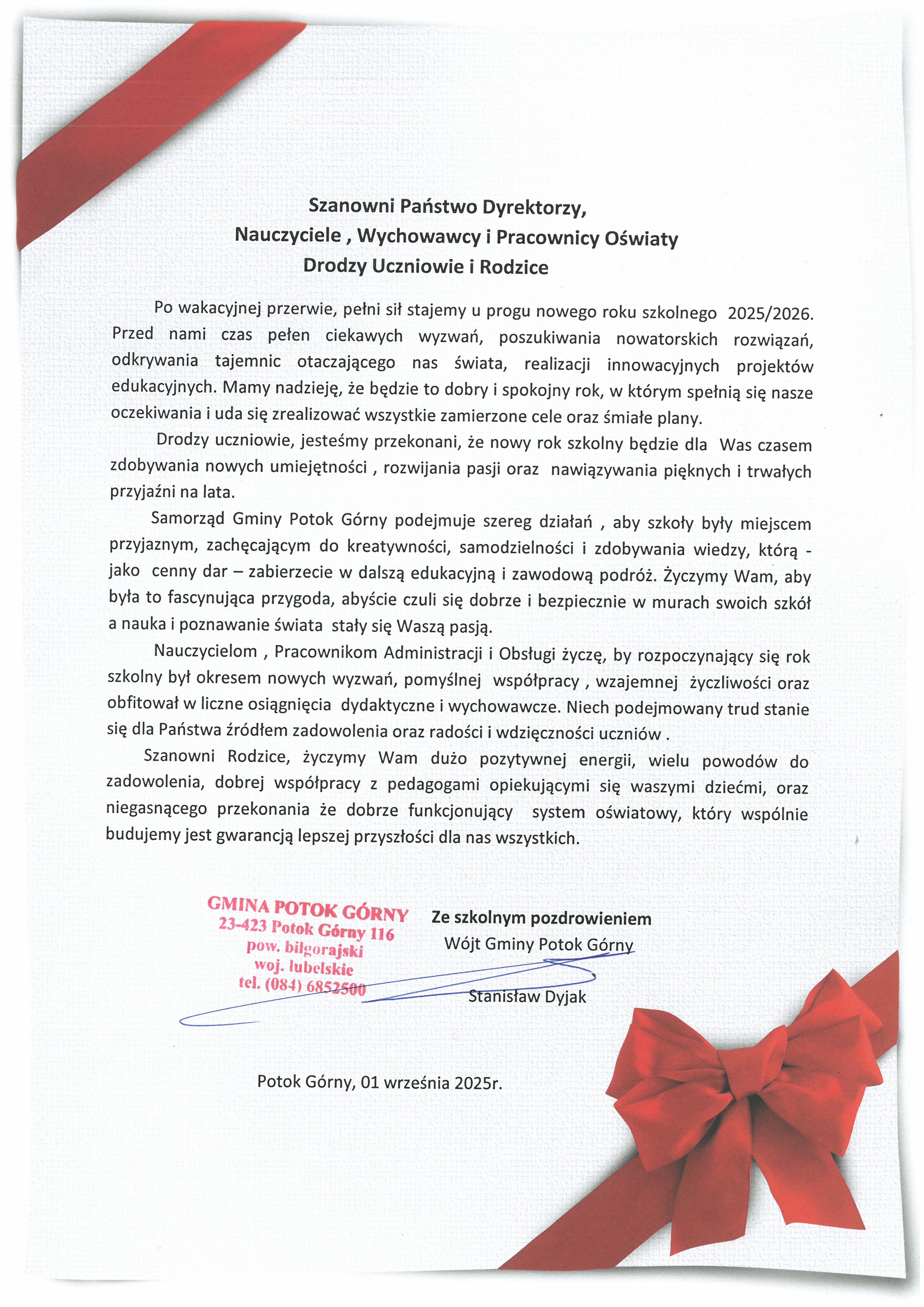 List Wójta Gminy Potok Górny z okazji rozpoczęcia roku szkolnego 2025/2026