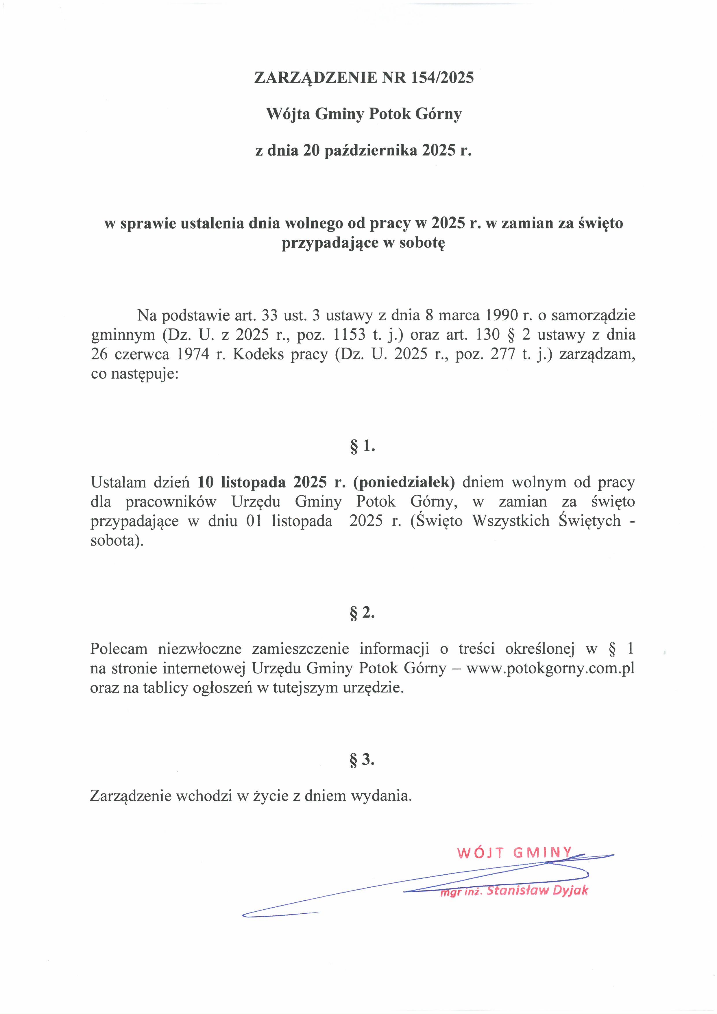 Zarządzenie Wójta Gminy Potok Górny