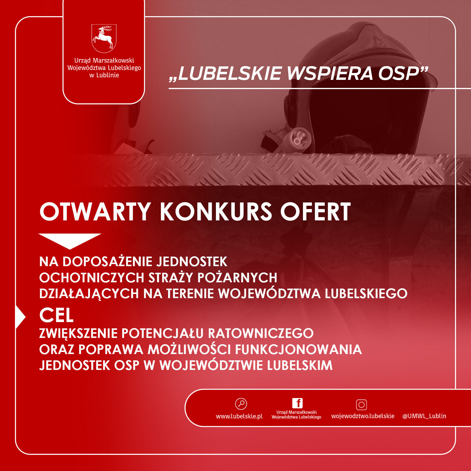 Czerwone tło z białym i czarnym tekstem. Informacje o konkursie wsparcia OSP, logo Województwa Lubelskiego i strony internetowe.