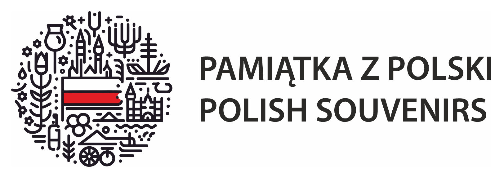 Logo z napisem "Pamiątka z Polski" oraz "Polish Souvenirs", otoczone grafikami symbolizującymi Polskę, w tym flagę, orła, folklorystyczne wzory.