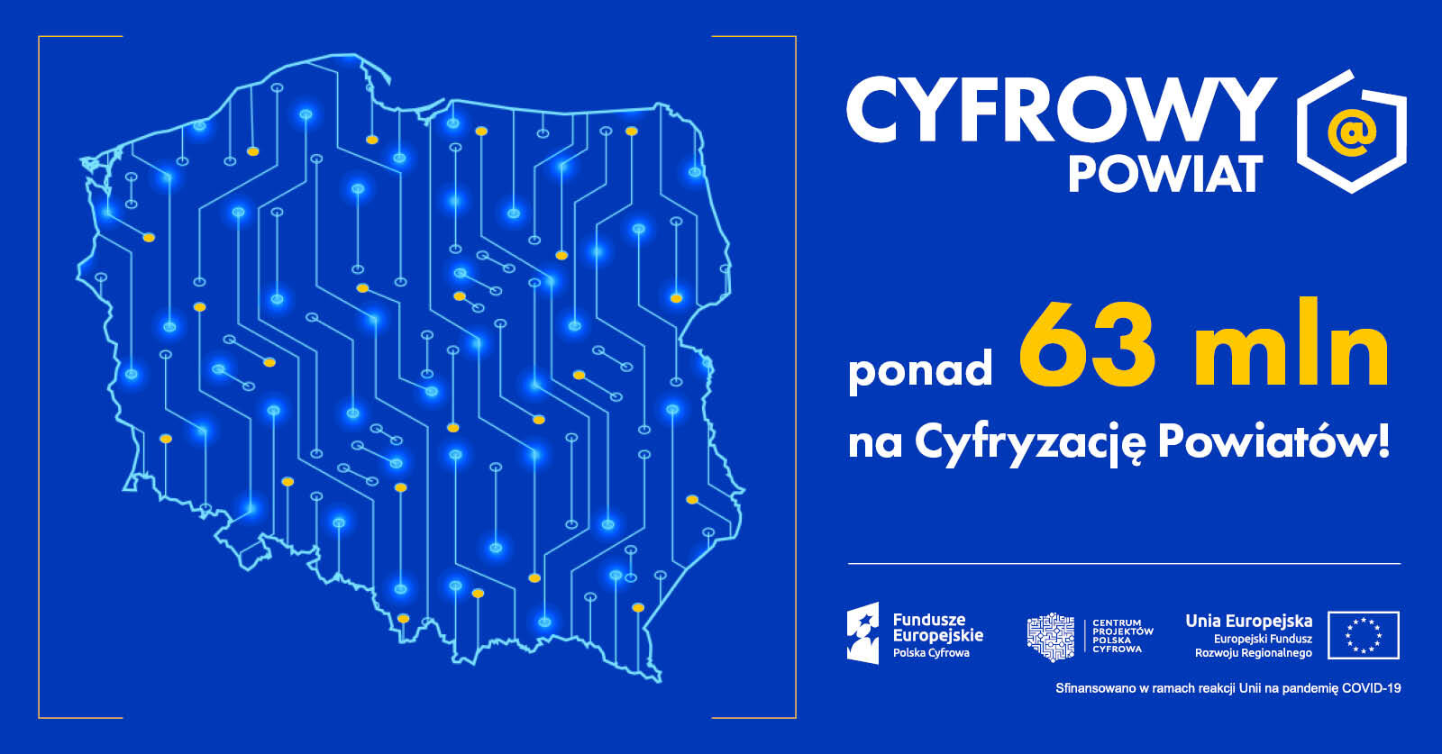 Grafika promocyjna z konturem Polski, ikonami technologii, napis "CYFROWY POWIAT" oraz informacją o dofinansowaniu 63 mln zł na cyfryzację z funduszy UE.