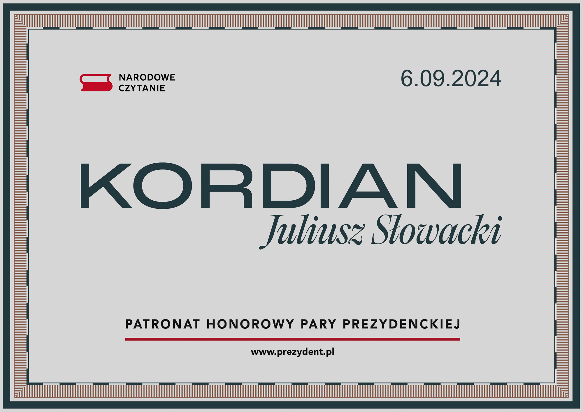 Plakat "Narodowe Czytanie" z datą 6.09.2024 promujący lekturę "Kordian" Juliusza Słowackiego. Zawiera napisy i oficjalny patronat.