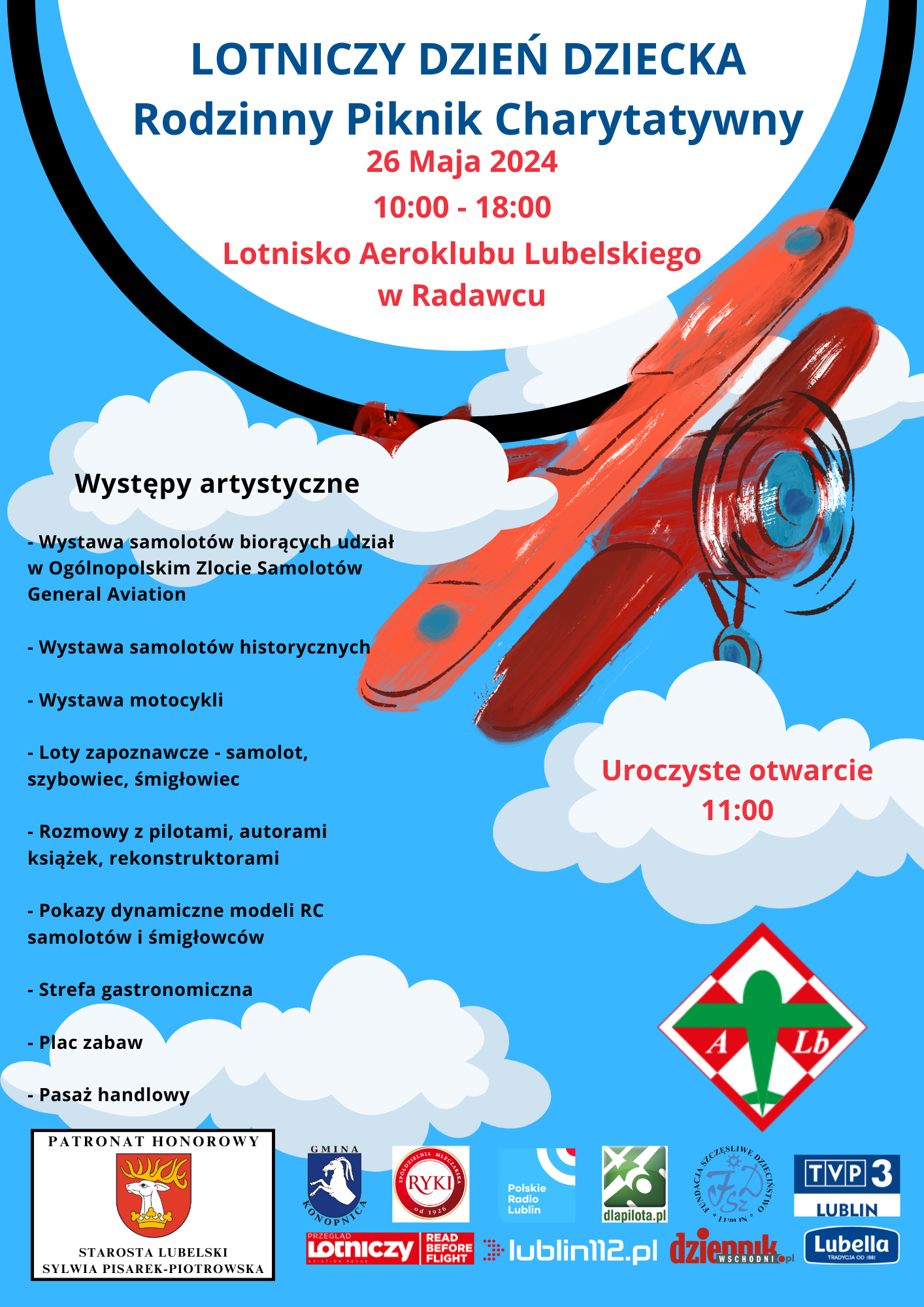 Alternatywny opis: Plakat wydarzenia "Festiwal Lotniczy Rodzinny Piknik Historyczny" z grafiką samolotu, datami, godzinami i szczegółami programu, takimi jak wystawy, rekonstrukcje, gry i pokazy.
