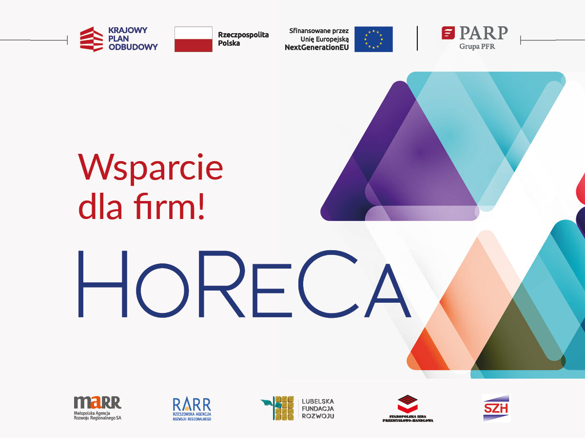 Grafika informacyjna z napisem "Wsparcie dla firm! HORECA" w centralnej części. Górna i dolna część zawierają logotypy różnych polskich instytucji i programów. Dominują kolory czerwony i niebieski.