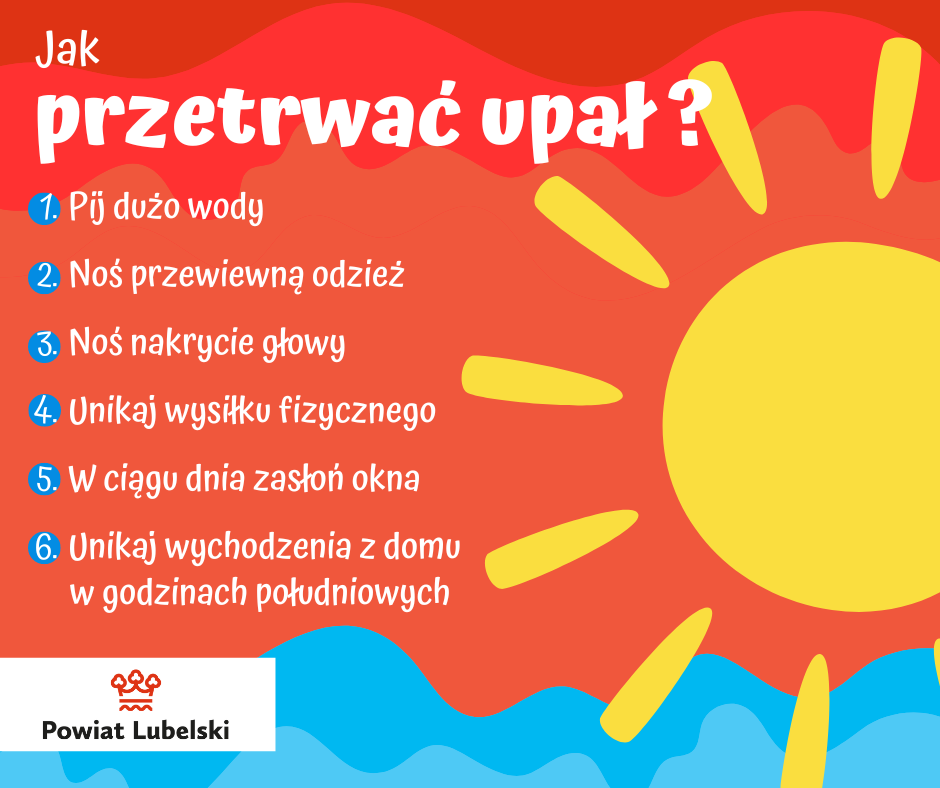 Grafika informacyjna z wskazówkami na temat przetrwania upału z ilustracją słońca, fal i czerwonego tła. Zawiera tekst i 6 punktów, m.in. "Pij dużo wody".