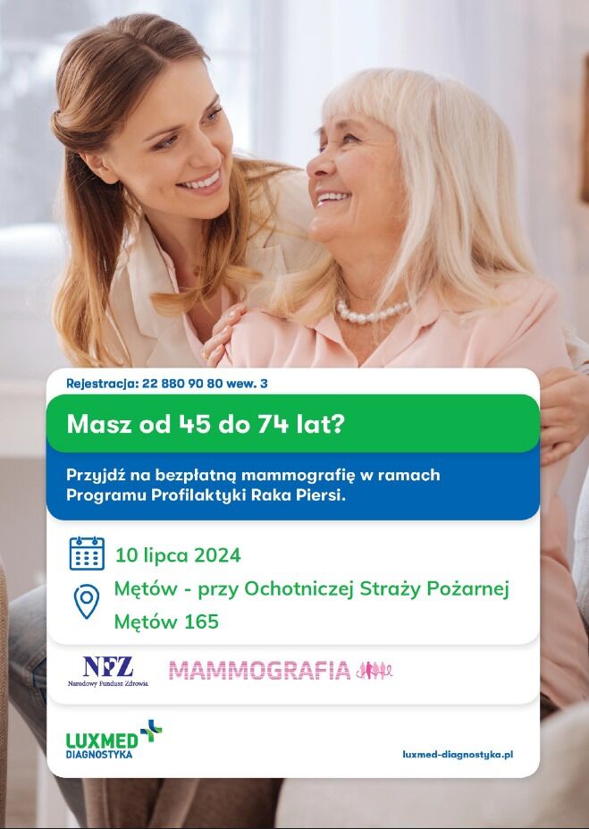 Dwie kobiety, starsza i młodsza, uśmiechają się do siebie w jasnym pomieszczeniu. Trzymają afisz z informacjami o profilaktyce raka piersi.