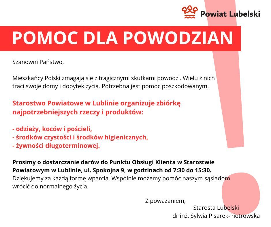 Na grafice przedstawiono plakat z informacją o zbiórce pomocy dla powodzian w powiecie Lubelskim, zawierającym szczegóły dotyczące daty, miejsca i potrzebnych artykułów.