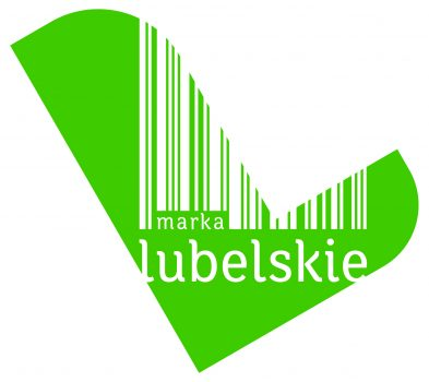 Logo z zielonym liściem i białym paskowaniem, zawierające napis "marka lubelskie" w dolnej części.