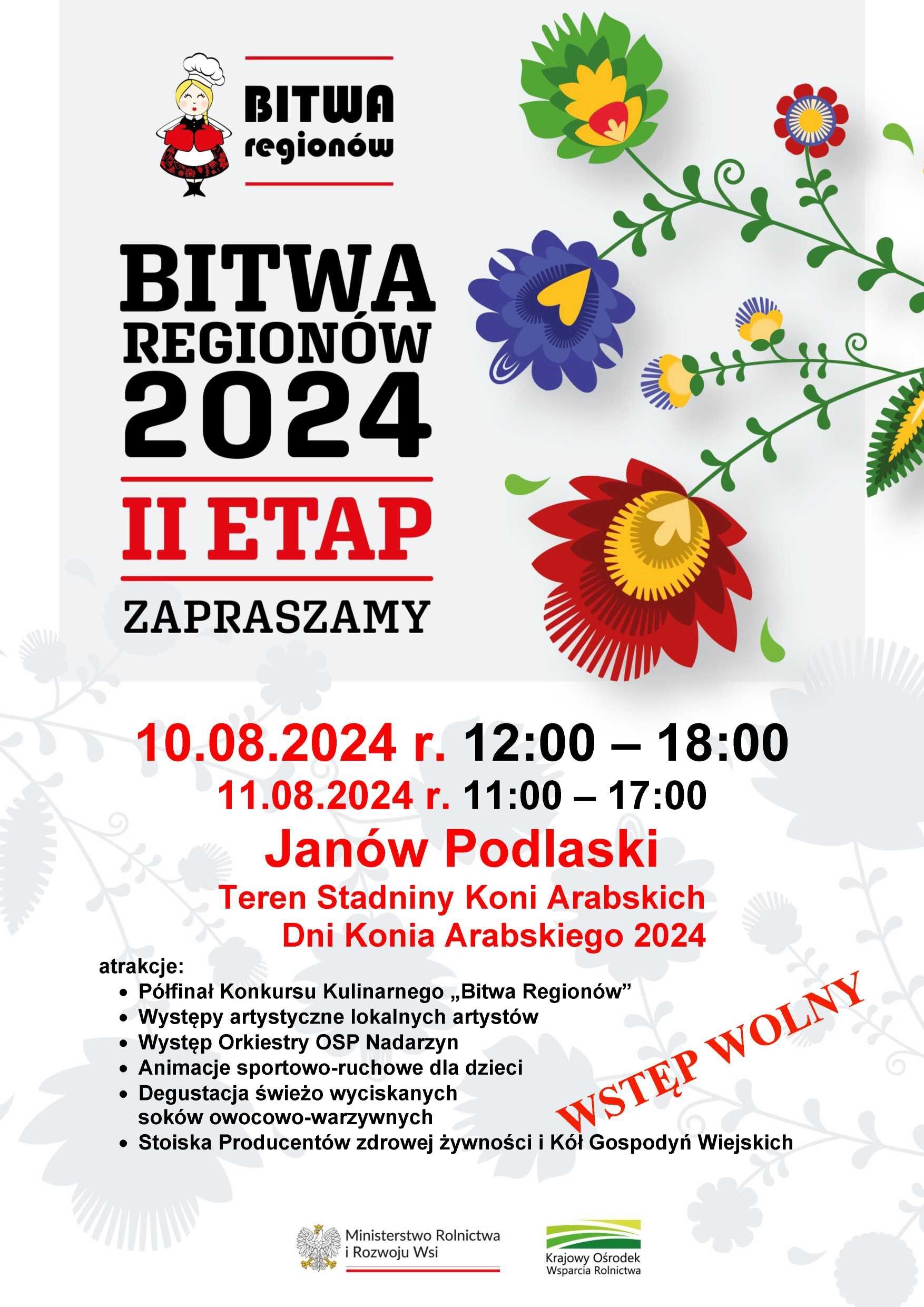 Plakat ogłaszający wydarzenie "Bitwa Regionów II Etap" zaplanowane na 10.08.2024 z atrakcjami takimi jak występy, warsztaty, i pokaz koni arabskich.