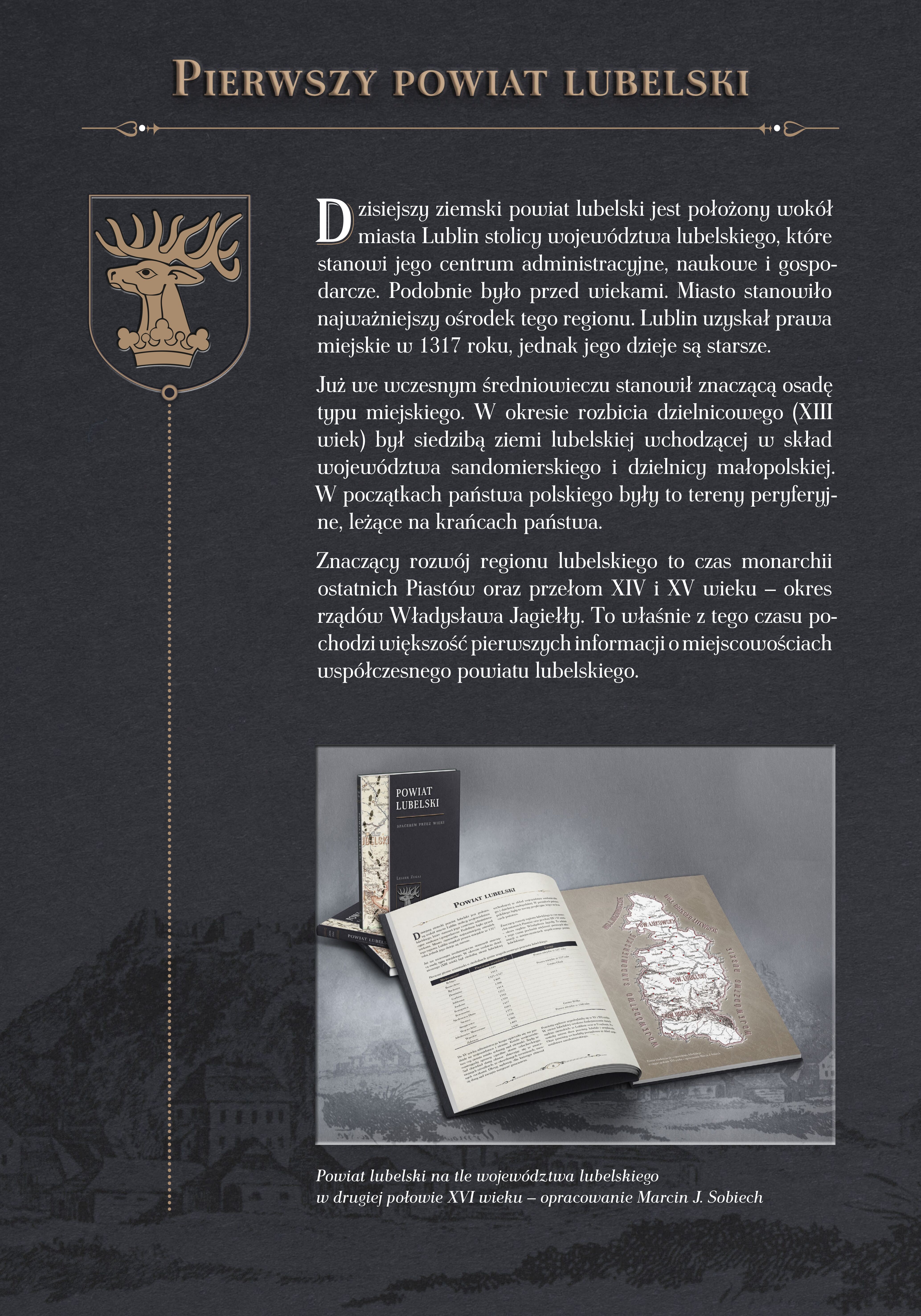 Zdjęcie z tekstem i elementami graficznymi przedstawia historyczny dokument z ilustracją herbu i opisem w języku polskim dotyczącym historii powiatu lubelskiego. Szata graficzna ma archaiczny charakter.