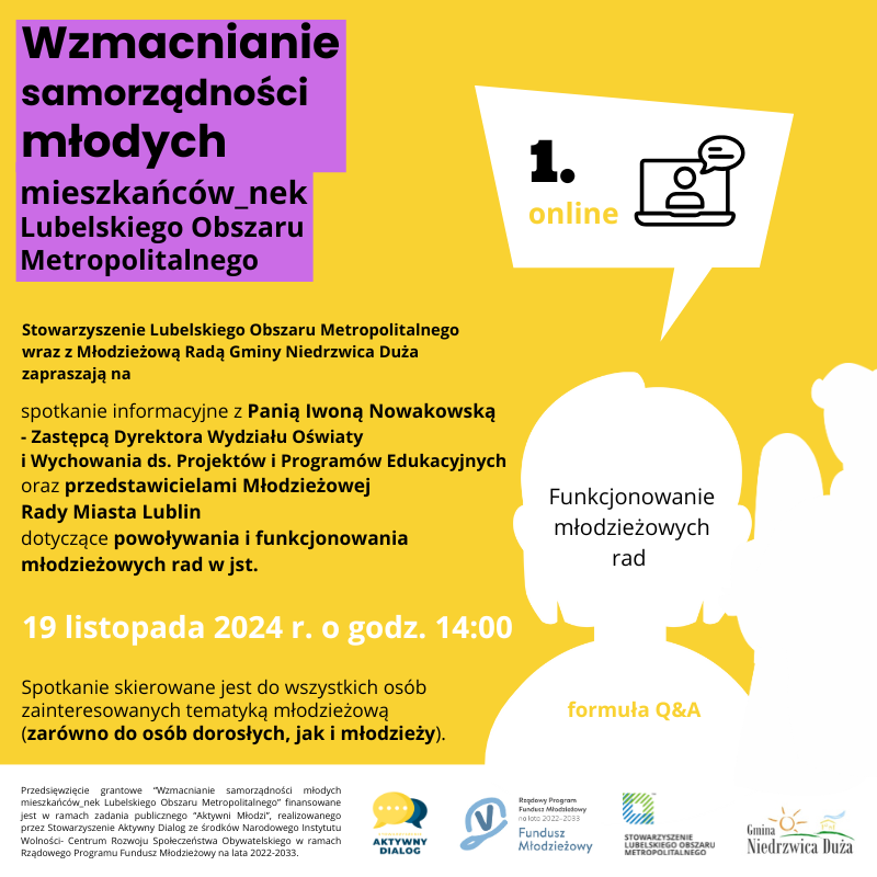 To zdjęcie przedstawia plakat informacyjny w jaskrawych kolorach z grafikami i tekstami mającymi na celu promowanie warsztatów samorządności młodzieży w Lubelskim Obszarze Metropolitalnym. Zawiera ikony, numery i informacje o spotkaniach online, radio Q&A oraz funduszach.