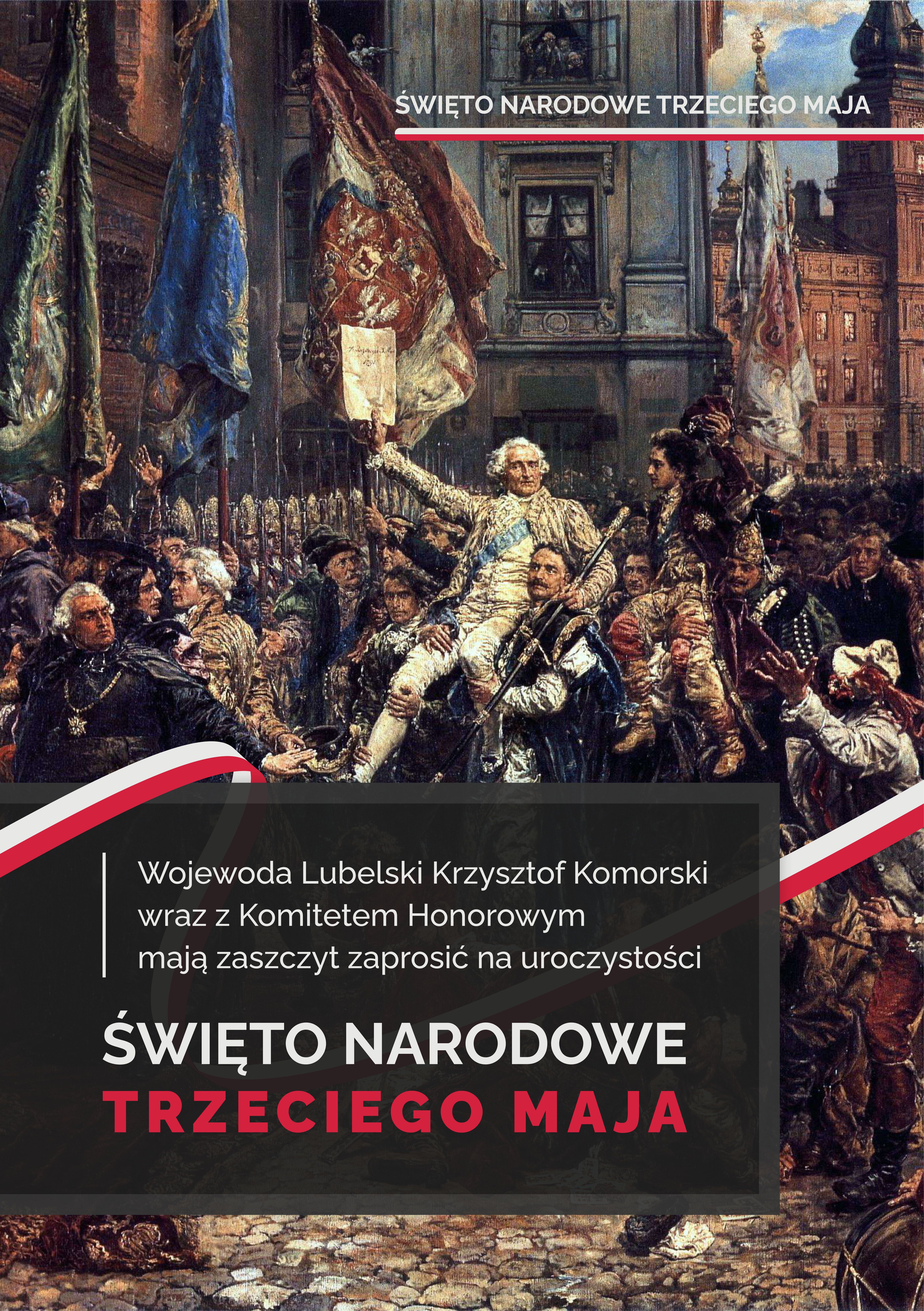 Obraz "Święto Narodowe Trzeciego Maja" autorstwa Jana Matejki przedstawiający scenę uchwalenia Konstytucji 3 Maja w 1791 r. z tłumem postaci historycznych w bogato zdobionym wnętrzu.