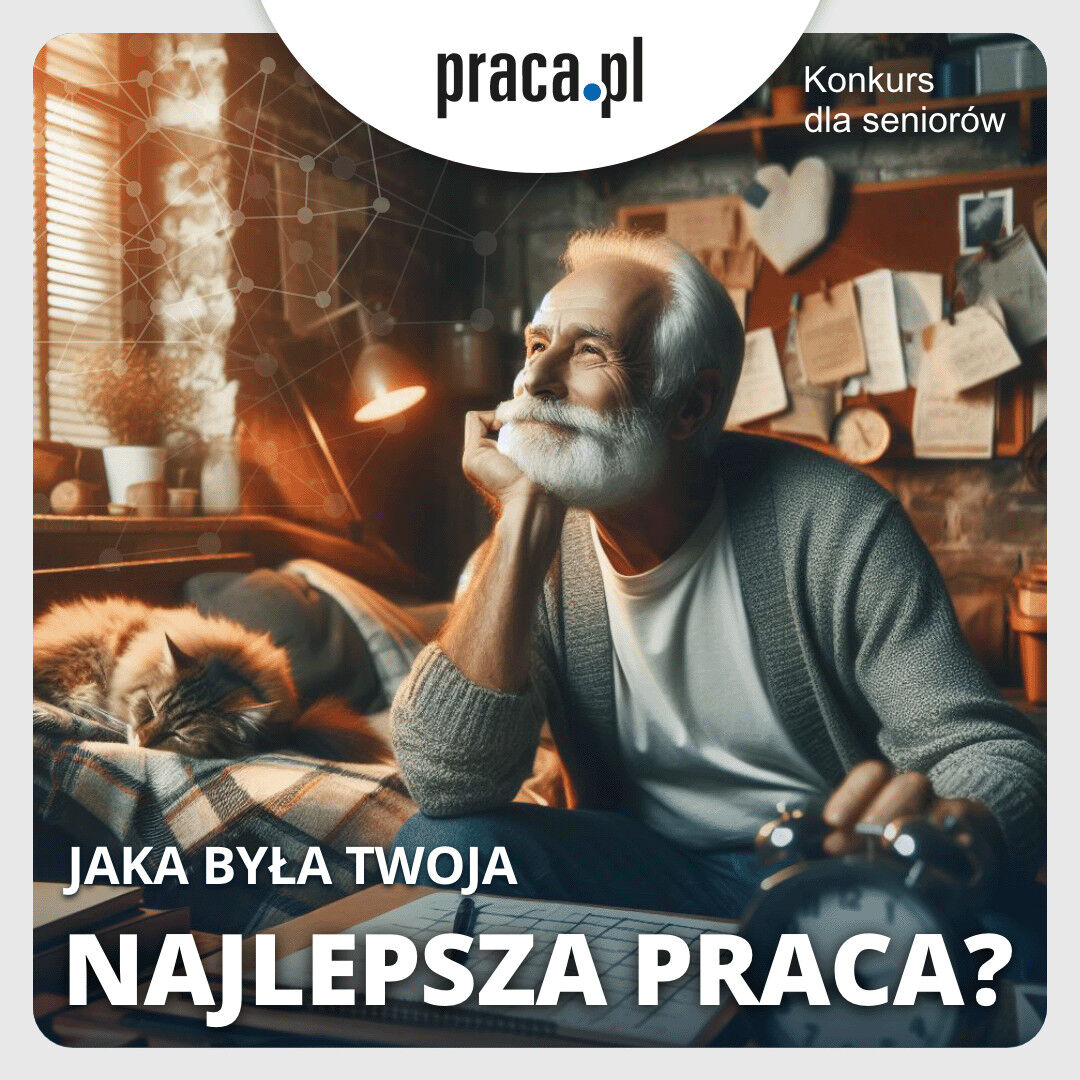 Starszy mężczyzna z brodą uśmiecha się, trzymając kontroler do gier, siedząc w przytulnym pokoju z kotem obok, przy grafice konkursowej "praca.pl".