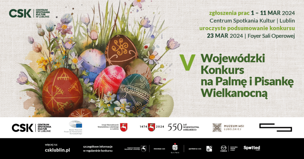 Plakat V Wojewódzkiego Konkursu na Palmę i Pisankę Wielkanocną z kolorowymi jajkami, kwiatami, ogłoszeniem dat i logotypami sponsorów.