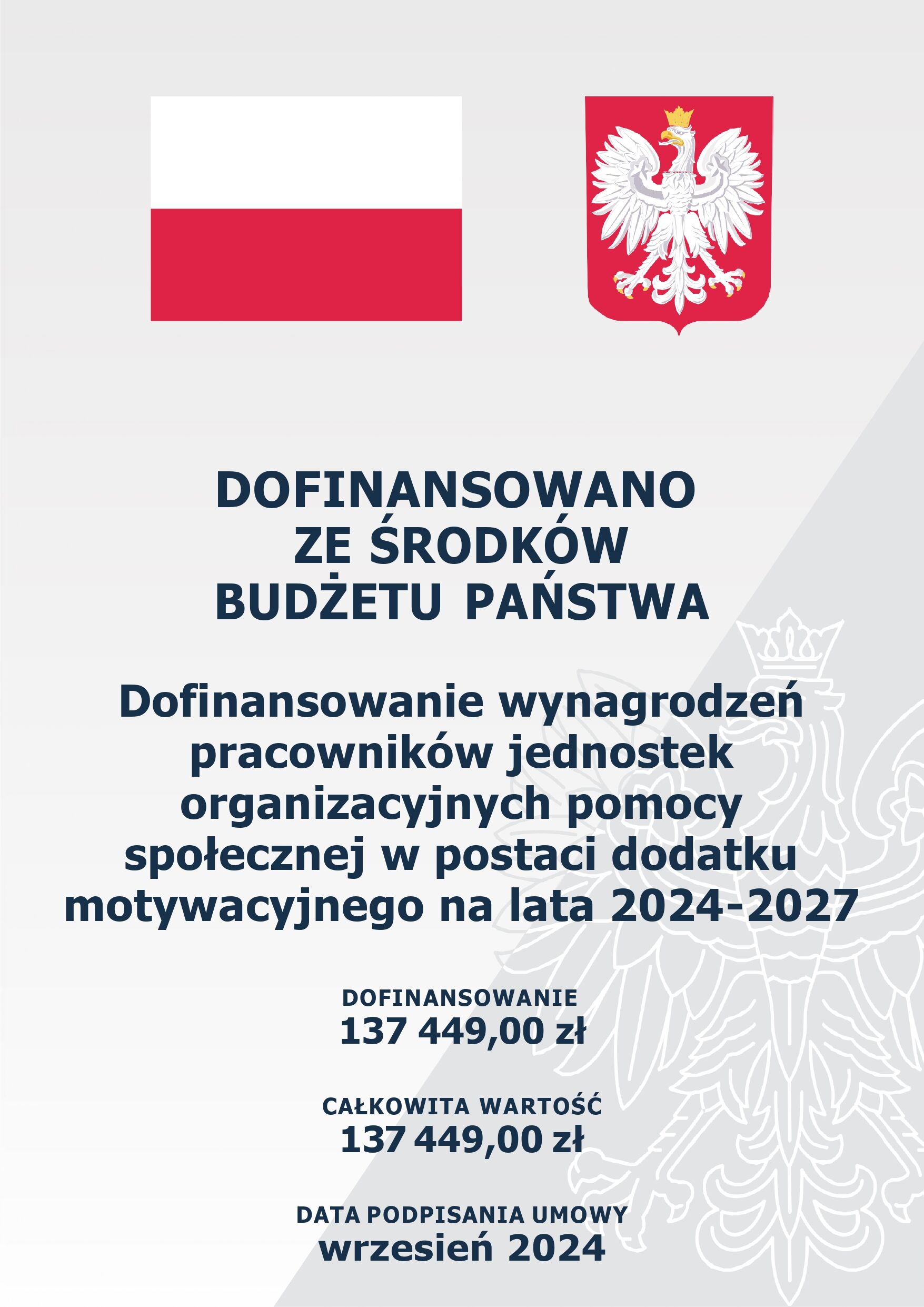 Plakat informacyjny w języku polskim z grafiką flagi Polski i godłem, ogłaszający dofinansowanie budżetu państwa na program motywacyjny dla pracowników służby zdrowia na lata 2024-2027.