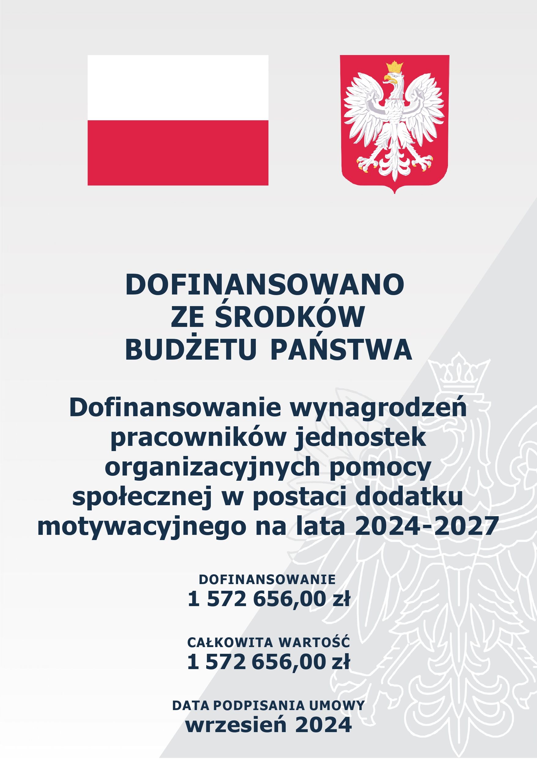 Opis: Grafika z tekstem o dofinansowaniu budżetu wynagrodzeń pracowników publicznych w Polsce na lata 2024-2027 wraz z flagą Polski i godłem na górze.