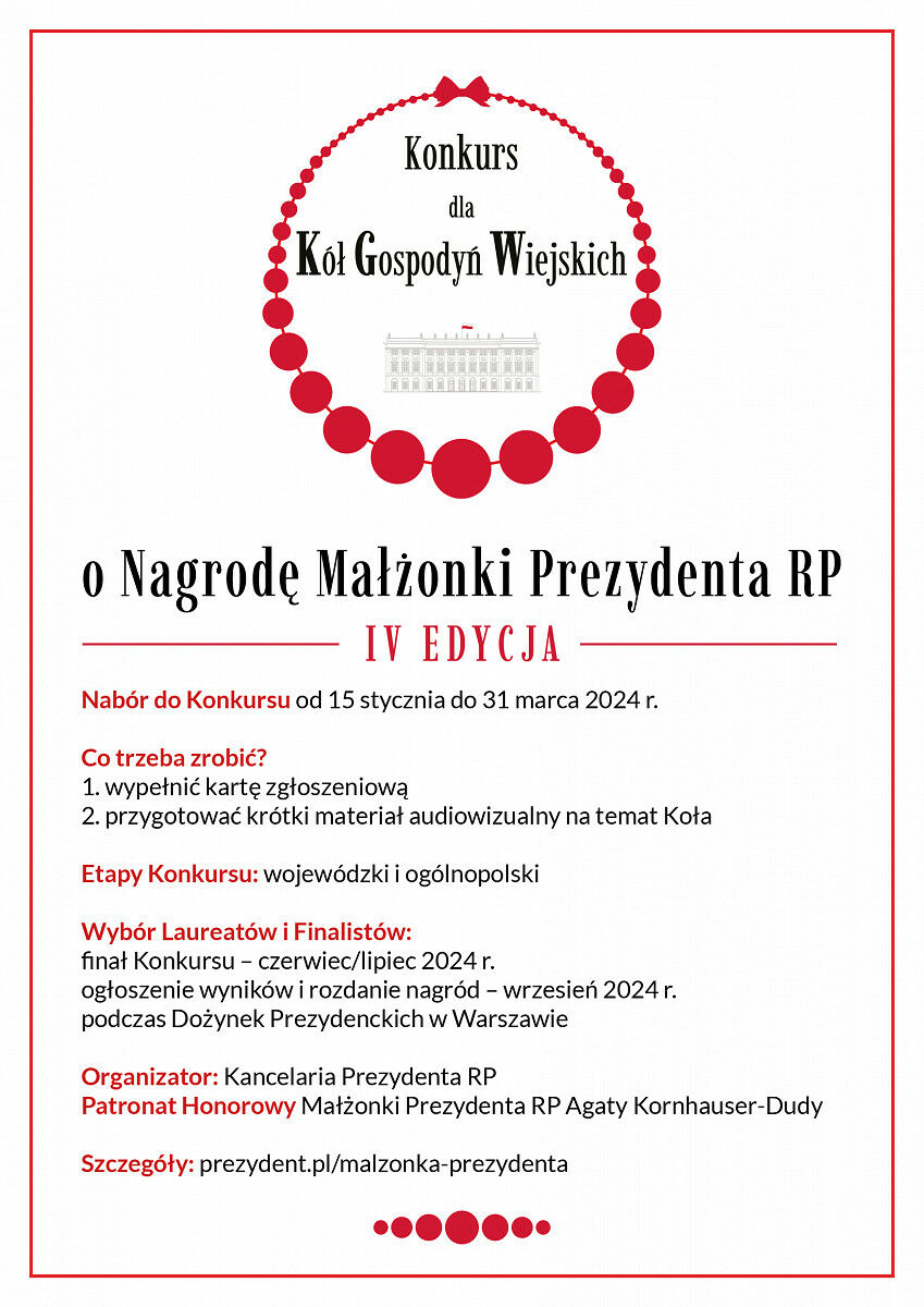 Plakat konkursu "Koło Gospodyń Wiejskich" w kolorze czerwonym z białym tekstem i grafiką koła. Zawiera informacje o konkursie oraz logo Prezydenta RP.