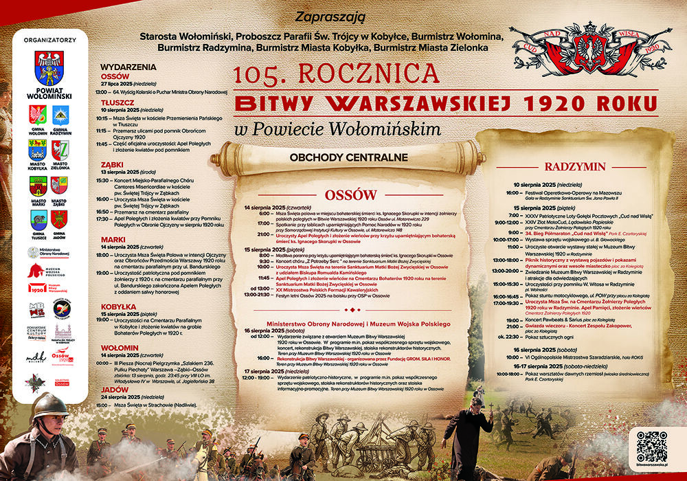 Plakat informacyjny o obchodach 105. rocznicy Bitwy Warszawskiej 1920 roku w powiecie wołomińskim. Zawiera program wydarzeń, loga organizatorów i zdjęcia związane z historycznymi rekonstrukcjami bitwy.