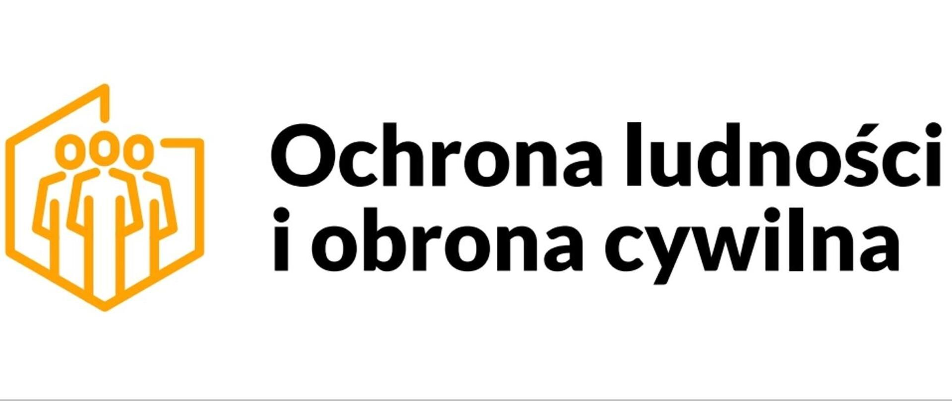 Żółta ikona przedstawiająca trzy osoby obok siebie, obrysowane linią po lewej stronie. Obok po prawej napis: „Ochrona ludności i obrona cywilna” na białym tle.