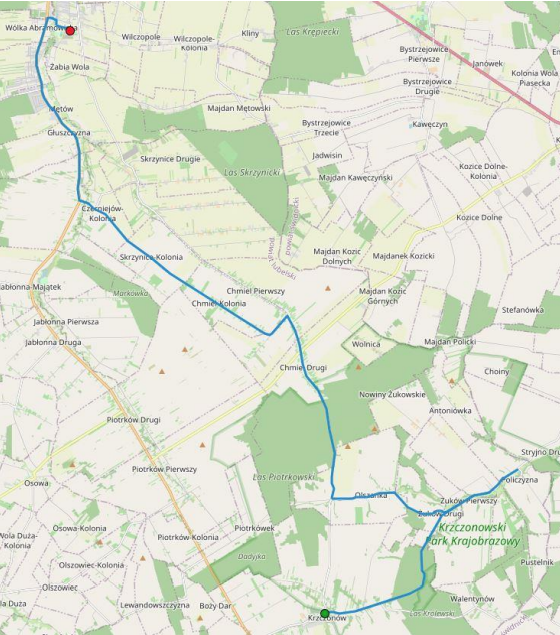 Mapa przedstawia trasę nawigacyjną biegnącą od Wólki Abramowskiej do Krzczonowskiego Parku Krajobrazowego. Szlak wiedzie przez Żabią Wolę, Ciechanki i Wolicę. Po drodze mijane są miejscowości i tereny zielone.