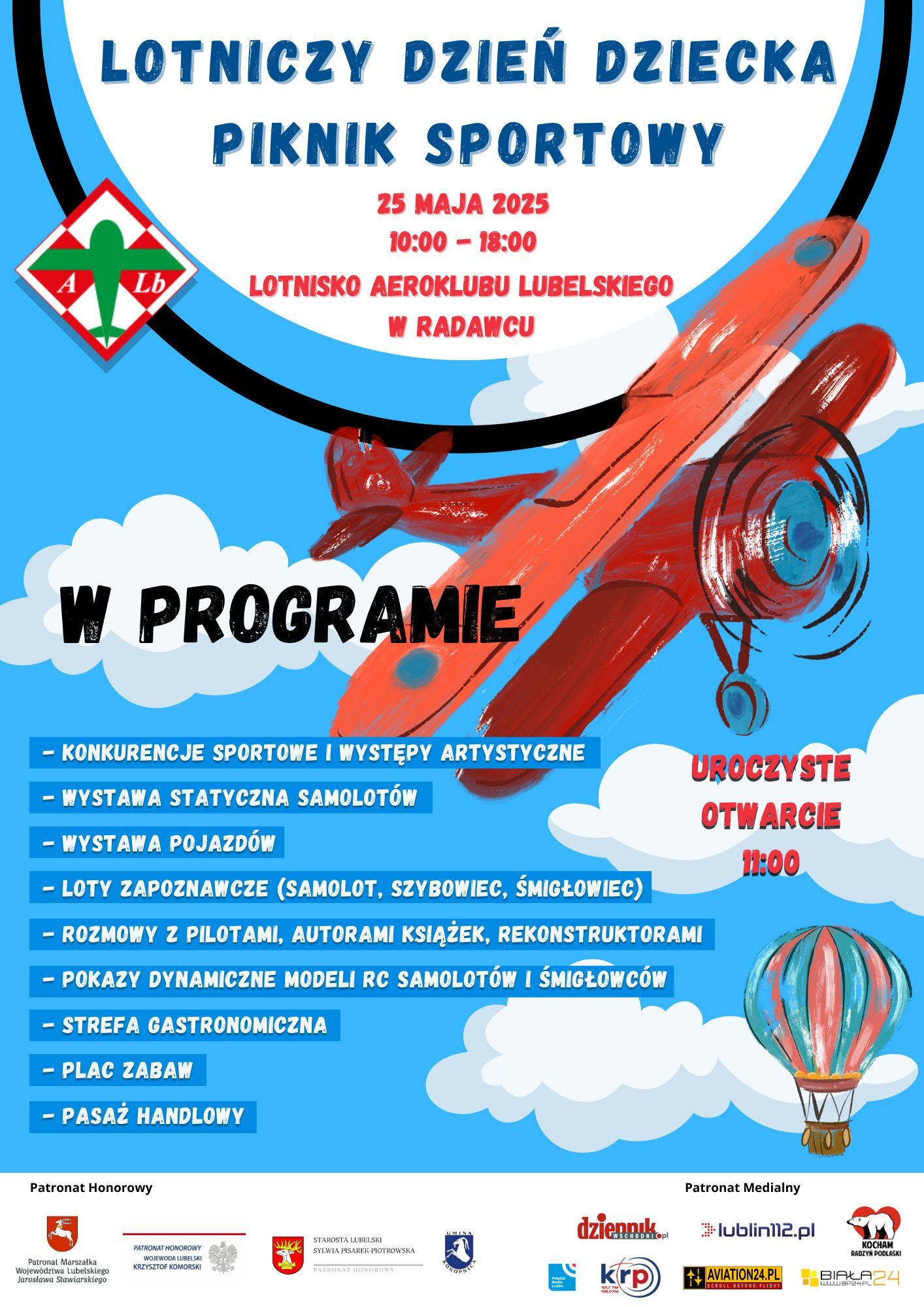 Plakat reklamujący Lotniczy Dzień Dziecka 2025 w Radawcu. Zawiera rysunek czerwonego samolotu, datę i godziny wydarzenia oraz informacje o atrakcjach, takich jak konkursy, wystawy samolotów i pokazy modeli RC.