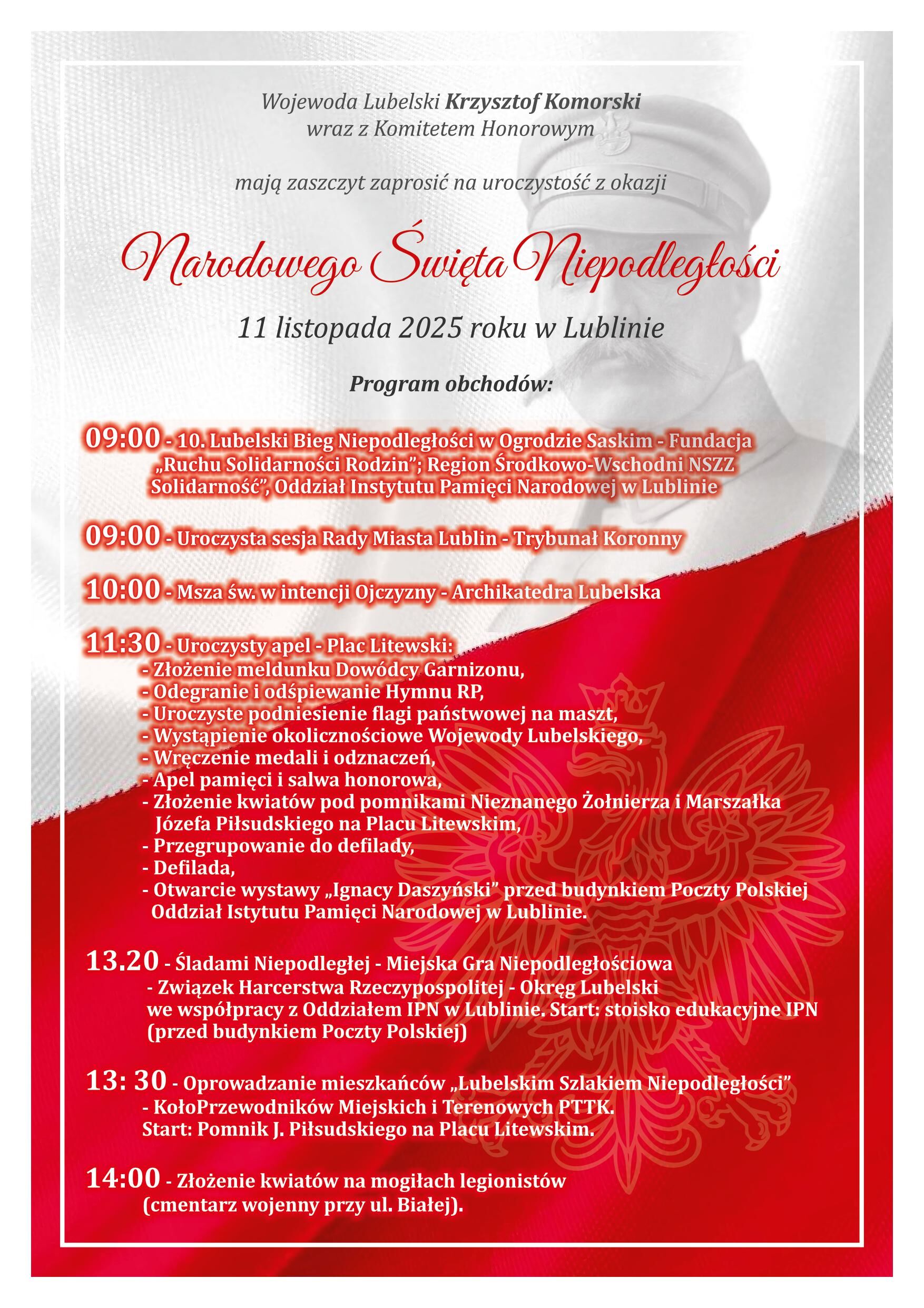Plakat zaprasza na obchody Narodowego Święta Niepodległości 11 listopada 2025 roku w Lublinie. Zawiera program wydarzeń, w tym biegi, msza w katedrze, koncert pieśni patriotycznych i otwarcie wystawy IPN.