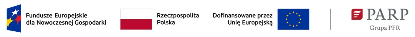 Na obrazku znajdują się logotypy Funduszu Europejskiego dla Nowoczesnej Gospodarki, flagi Polski, Unii Europejskiej oraz logo PARP (Polska Agencja Rozwoju Przedsiębiorczości).