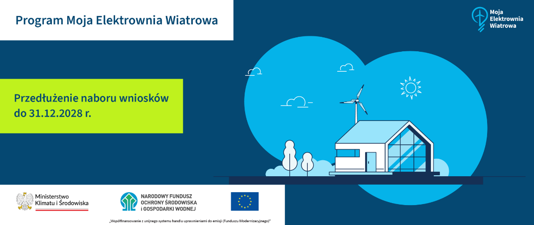 Grafika promująca program "Moja Elektrownia Wiatrowa". Po lewej stronie tekst o przedłużeniu naboru do 31.12.2028 r. Po prawej ilustracja domu z turbiną wiatrową. Na dole logotypy instytucji.