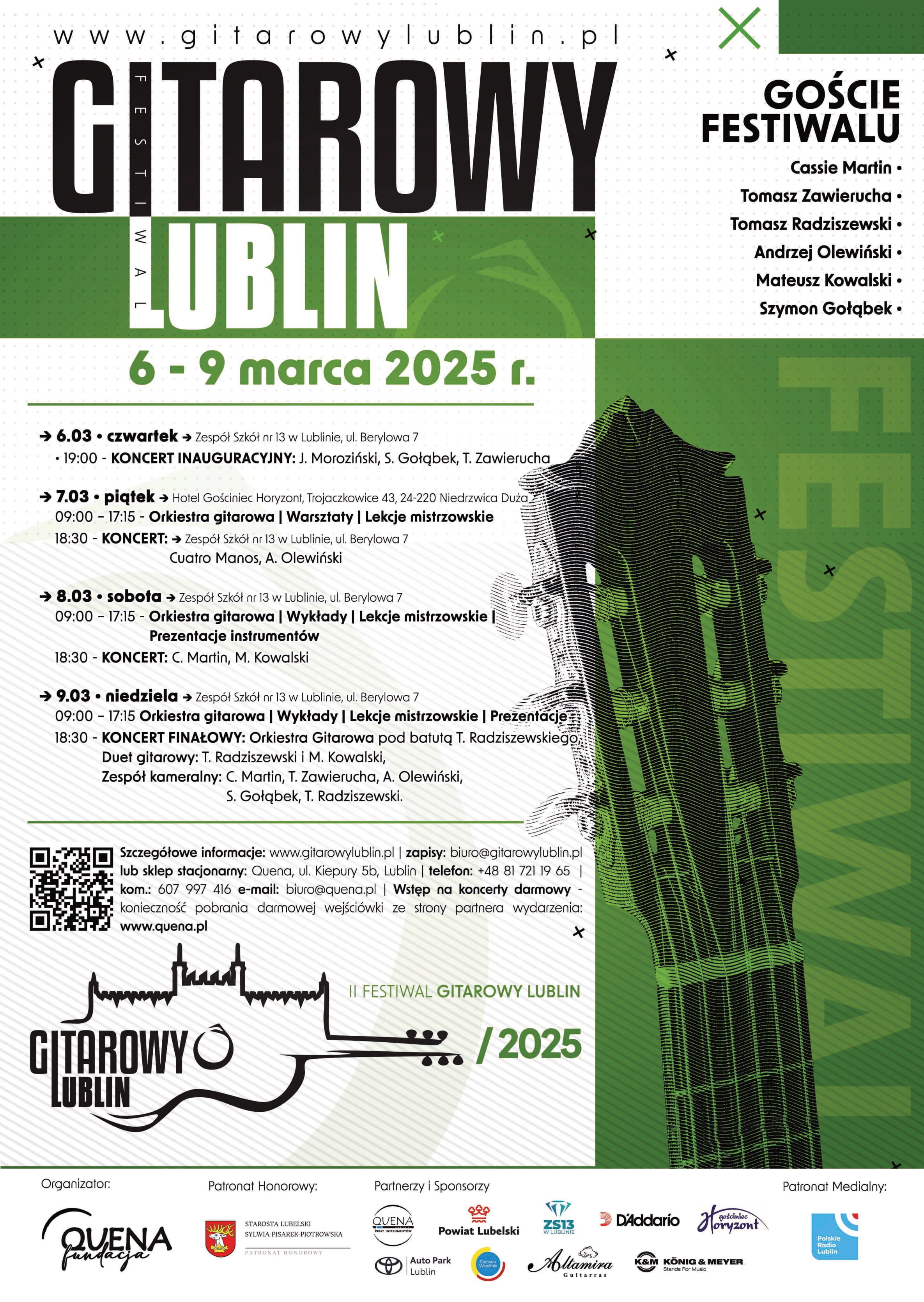 Plakat promujący II Festiwal Gitarowy w Lublinie, odbywający się 6-9 marca 2025. Informacje o występach, lekcjach mistrzowskich i gościach, takich jak Cassie Martin i Tomasz Zawierucha. Grafika z gitarą i logotypem festiwalu.