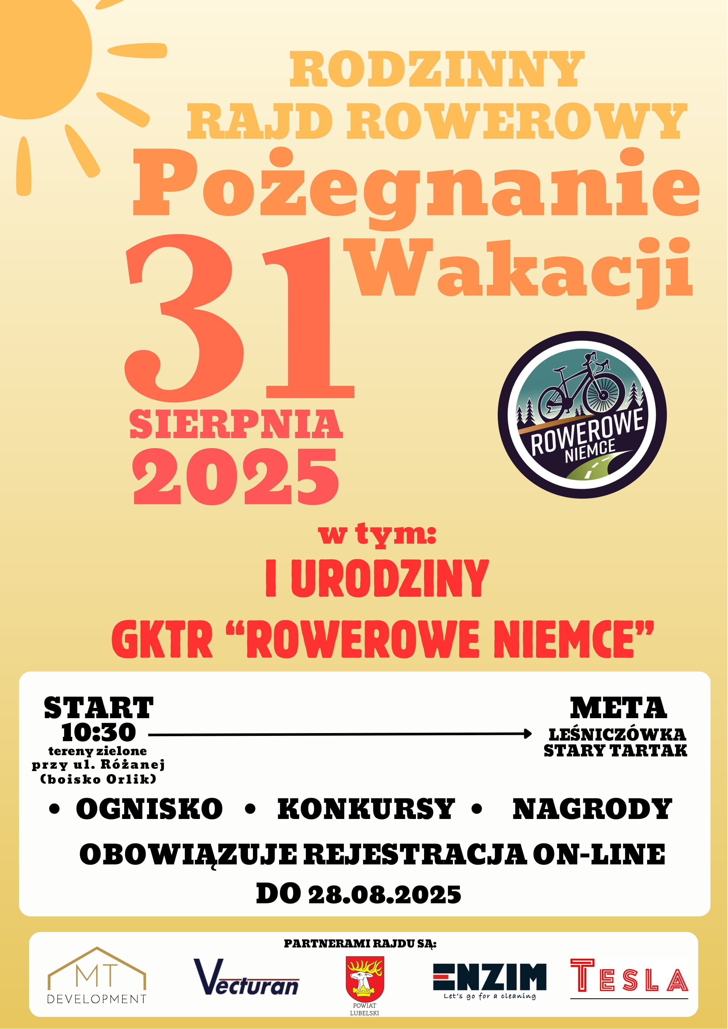 Plakat reklamujący "Rodzinny Rajd Rowerowy" pod hasłem "Pożegnanie Wakacji" 31 sierpnia 2025, Niemce. W programie ognisko, konkursy, nagrody. Rejestracja online do 28.08.2025. Start 10:30. Meta: leśniczówka Stary Tartak.