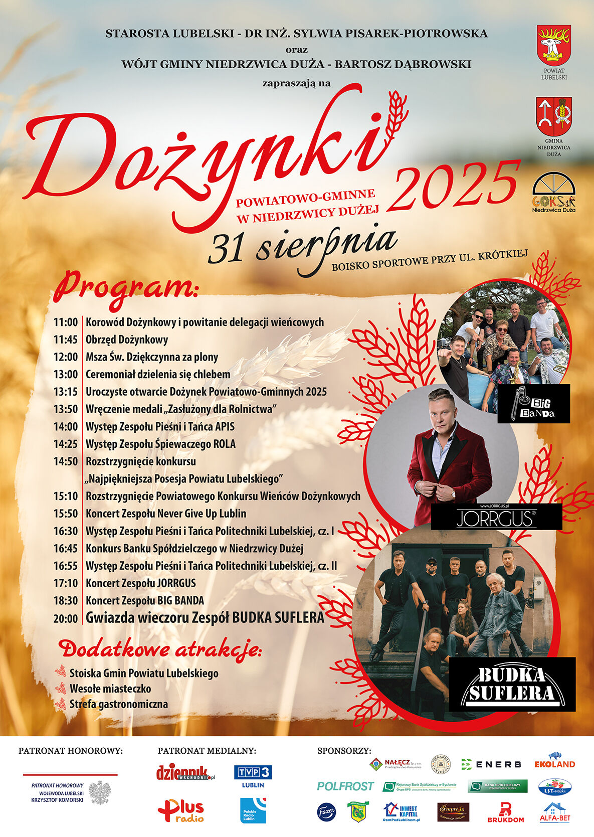 Plakat promujący Dożynki 2025 w Niedrzwicy Dużej. Zawiera harmonogram wydarzeń, w tym koncerty i atrakcje. Na plakacie widoczna jest fotografia pola i zespołu Budka Suflera. W tle symbole organizatorów.