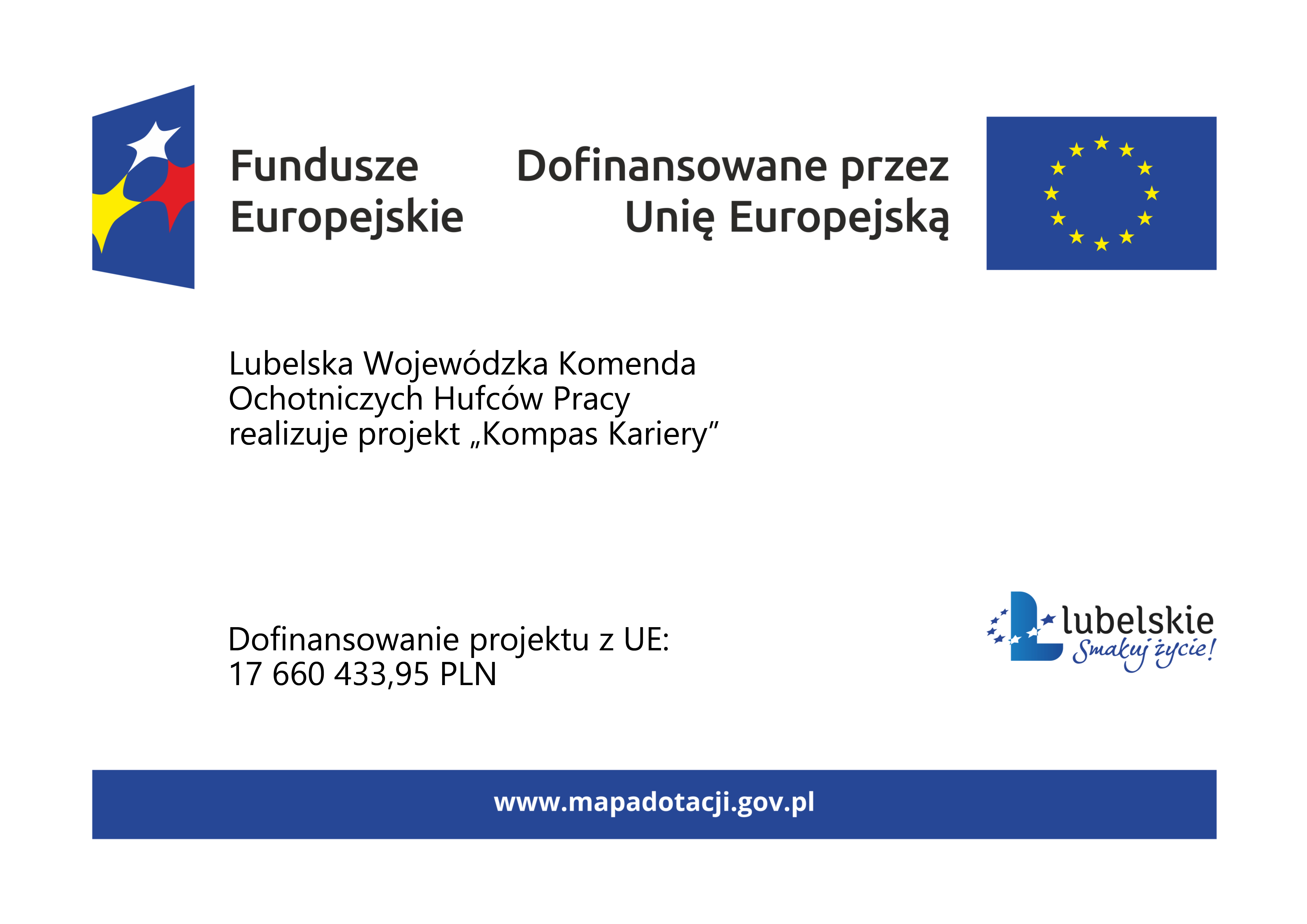 Plansza informująca o projekcie "Kompas Kariery" realizowanym przez Lubelską Wojewódzką Komendę OHP z dofinansowaniem UE. Zawiera logotypy Funduszy Europejskich, UE i województwa lubelskiego.