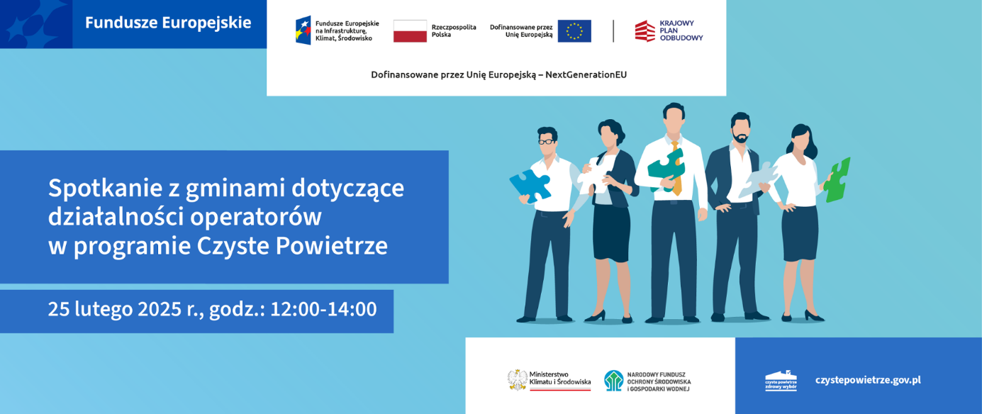 Plakat promujący spotkanie o programie "Czyste Powietrze" z datą 25 lutego 2025. Na środku stoi cztery osoby z symbolami ekologicznymi. U góry logotypy organizatorów, na dole szczegóły wydarzenia.