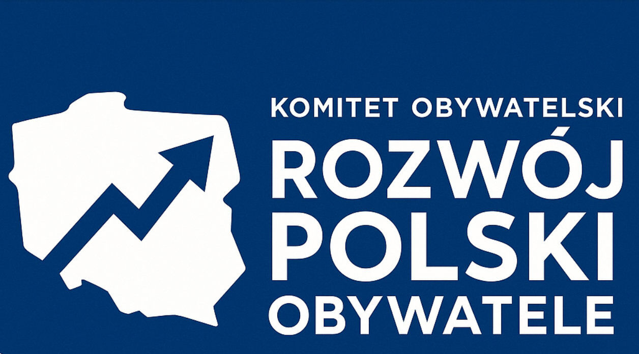 Niebieskie tło z białym konturem Polski. Wewnątrz konturu znajduje się wzrastający wykres. Obok napis: "KOMITET OBYWATELSKI ROZWÓJ POLSKI OBYWATELE".