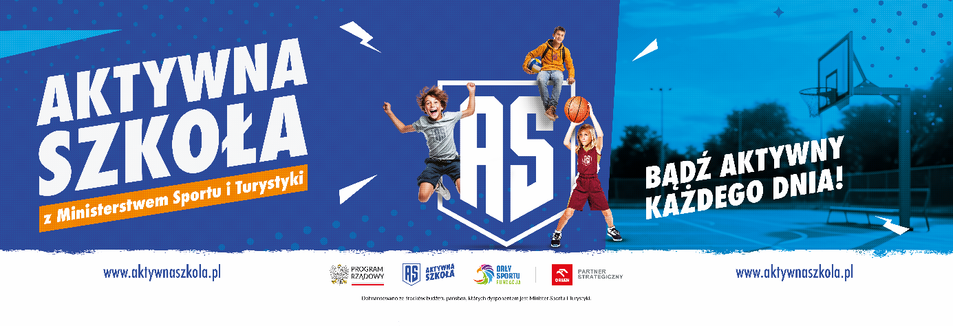 Plakat promujący program "Aktywna szkoła". Na błękitnym tle jest logo z literami "AS", dzieci uprawiające różne sporty oraz napis "Bądź aktywny każdego dnia!".