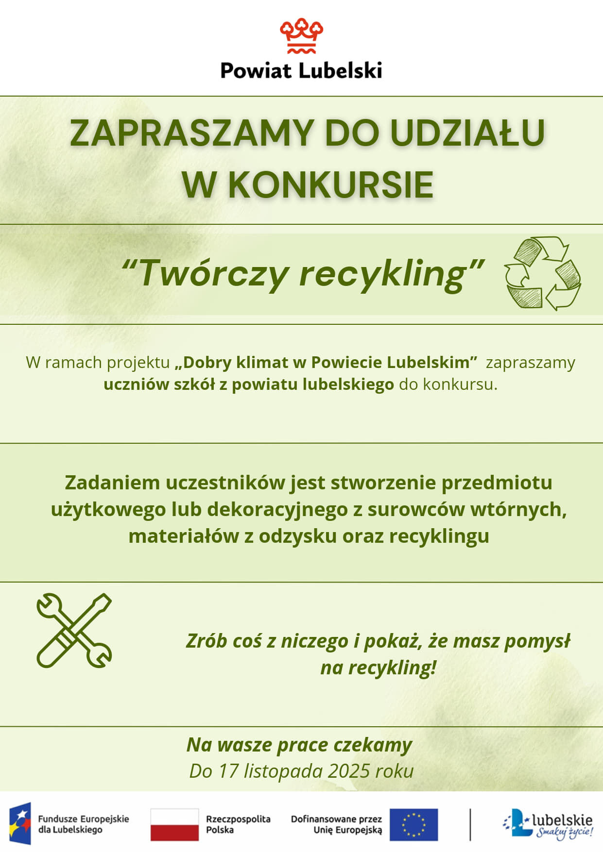 Plakat konkursowy "Twórczy recykling" organizowany przez Powiat Lubelski. Zadanie polega na stworzeniu przedmiotu z materiałów z recyklingu. Prace można zgłaszać do 17 listopada 2025 roku.
