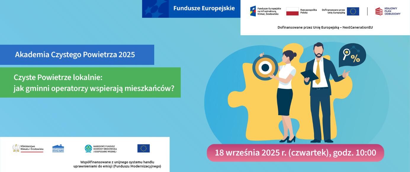 Grafika promująca wydarzenie "Akademia Czystego Powietrza 2025". Zawiera datę, 18 września 2025, oraz godzinę 10:00. Jest ilustracja ludzi, znak procentu i soczewka. Kolory: niebieski, zielony, żółty.