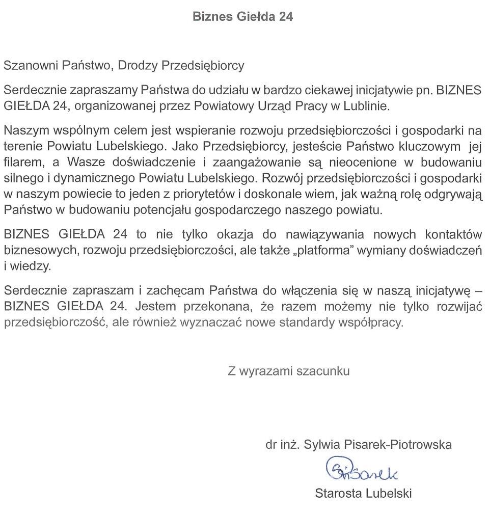 Zaproszenie na spotkanie Biznes Giełda 24 w Powiecie Lubelskim. Starosta Lubelski zaprasza przedsiębiorców do inicjatywy wspierającej lokalny rozwój gospodarczy. Celem jest zacieśnienie współpracy i promowanie inwestycji.
